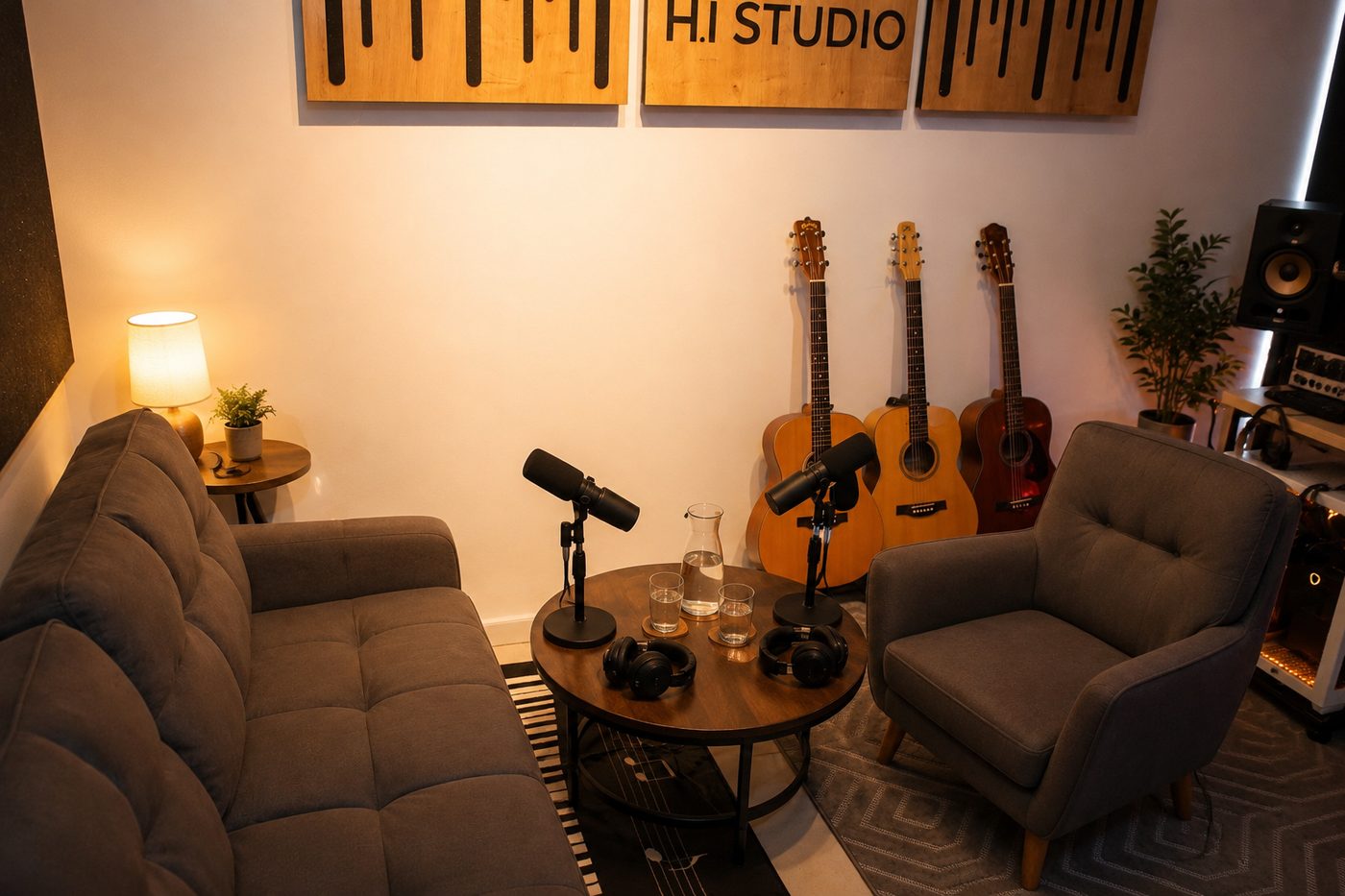 פינת לאונג' באולפן - ספה, מיקרופונים ולוגו H.I STUDIO על הקיר